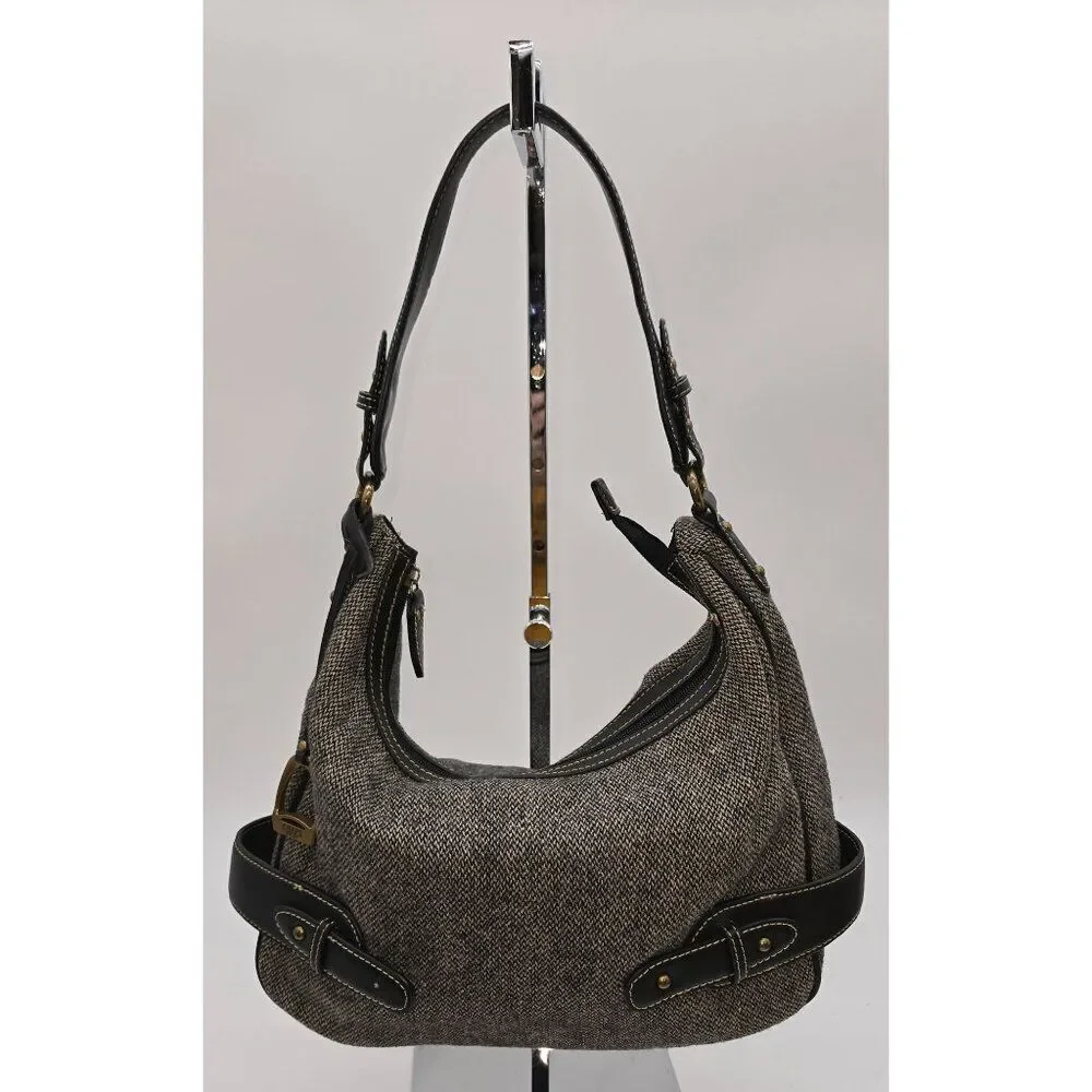 Chaps Tweed & Leather Hobo Shoulder Bag With Brass Accents old money academia